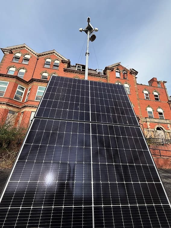 huge solar powered cctv tower deployed to protect and observe on a UK construction site